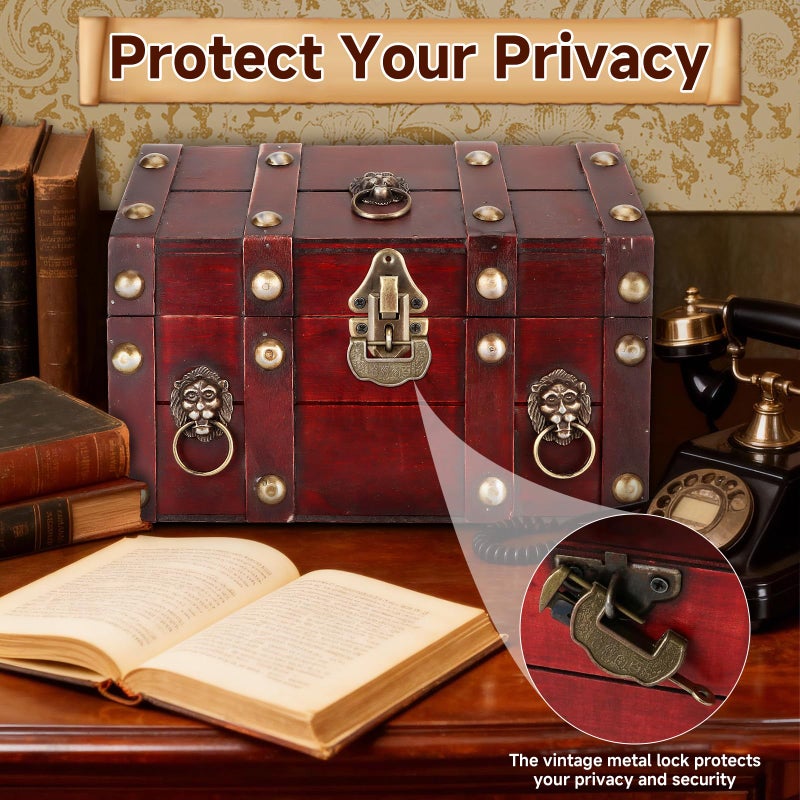 GemJelry Large Vintage Wooden Treasure Chest Box with Metal Lock Antique Wood Jewelry Box Storage Decorative Boxes Handmade Rectangle Organizer for Women Ring Necklace Earring Coins Collectibles - Image 5