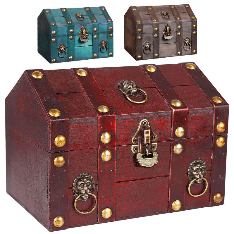 GemJelry Large Vintage Wooden Treasure Chest Box with Metal Lock Antique Wood Jewelry Box Storage Decorative Boxes Handmade Rectangle Organizer for Women Ring Necklace Earring Coins Collectibles - Image 1