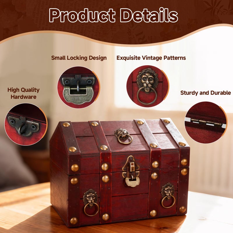 GemJelry Large Vintage Wooden Treasure Chest Box with Metal Lock Antique Wood Jewelry Box Storage Decorative Boxes Handmade Rectangle Organizer for Women Ring Necklace Earring Coins Collectibles - Image 3
