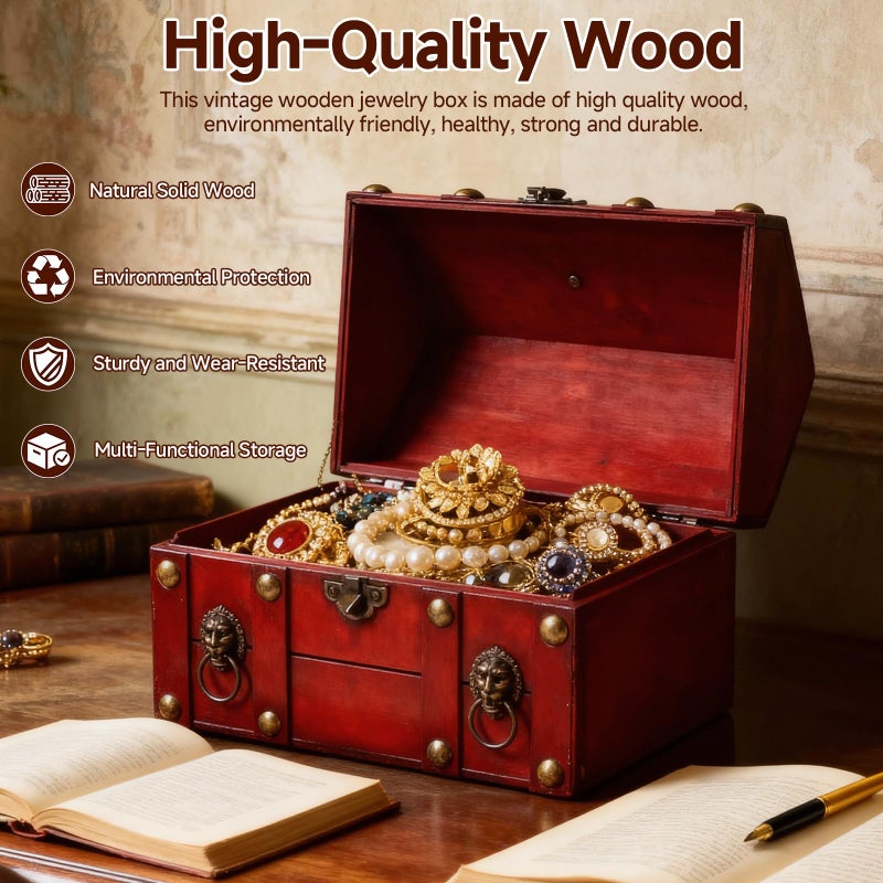 GemJelry Large Vintage Wooden Treasure Chest Box with Metal Lock Antique Wood Jewelry Box Storage Decorative Boxes Handmade Rectangle Organizer for Women Ring Necklace Earring Coins Collectibles - Image 2