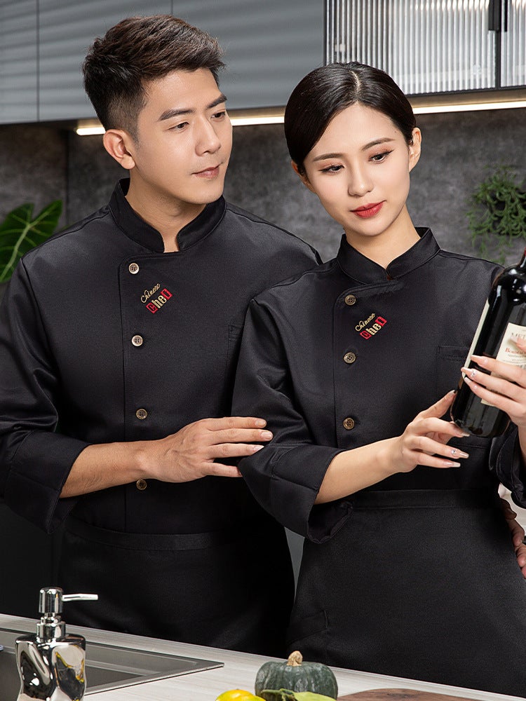 El Chef Work Clothes Long-Sleeved White Catering Kitchen High-End Copper Buckle Letter Custom Short-Sleeved Chef Uniform - Image 4