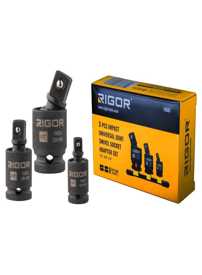 ريجور مجموعة محولات مقابس وصلات عالمية RIGOR 11601، مكونة من 3 قطع - محرك 1/4 بوصة، 3/8 بوصة، 1/2 بوصة | مقابس من الكروم الموليبدينوم المقاوم للصدمات مع سكة من الألومنيوم - Image 1