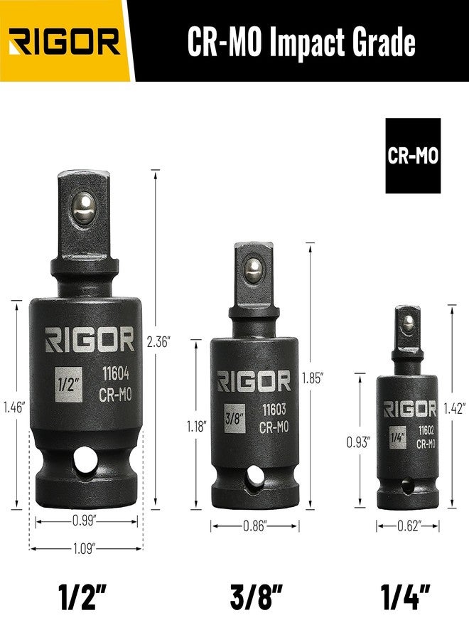 ريجور مجموعة محولات مقابس وصلات عالمية RIGOR 11601، مكونة من 3 قطع - محرك 1/4 بوصة، 3/8 بوصة، 1/2 بوصة | مقابس من الكروم الموليبدينوم المقاوم للصدمات مع سكة من الألومنيوم - Image 2