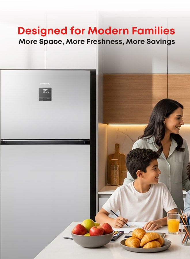 TORNADO Double Door Refrigerator , 538 Liters Net Capacity 18.98 cubic feet Top Mount Inverter ,Silver ,Digital Display Multi Air Flow Tempered Glass shelves RF-TCN538PT0GINS - Image 4