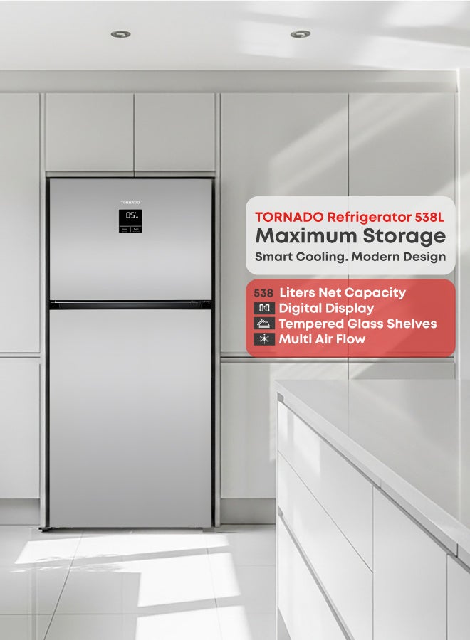 تورنيدو ثلاجة انفرتر بسعة صافية 538 لتر بباب مزدوج وشاشة رقمية وارفف من الزجاج المقوى RF-TCN538PT0GINS - Image 1
