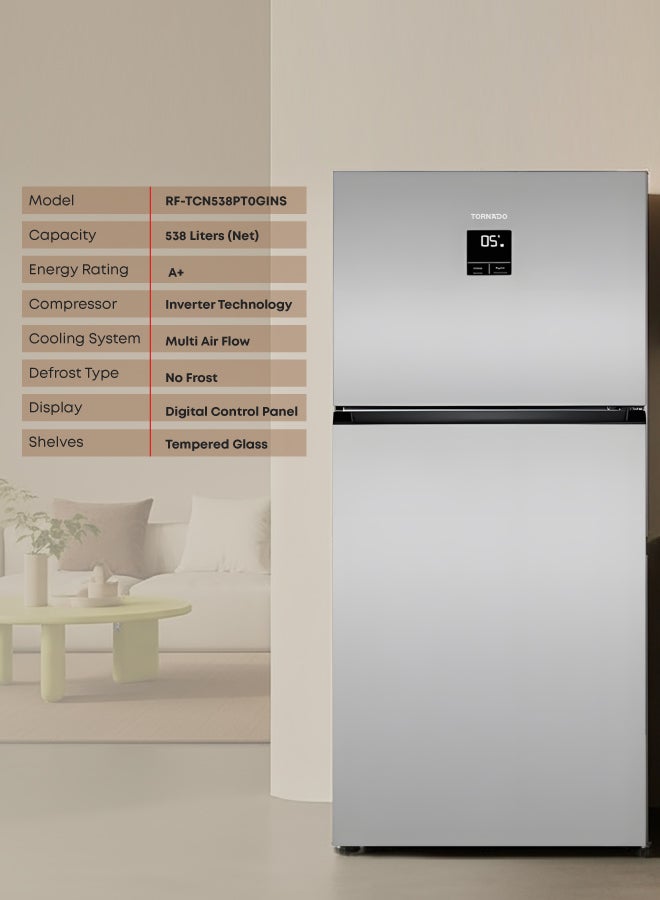 TORNADO Double Door Refrigerator , 538 Liters Net Capacity 18.98 cubic feet Top Mount Inverter ,Silver ,Digital Display Multi Air Flow Tempered Glass shelves RF-TCN538PT0GINS - Image 3
