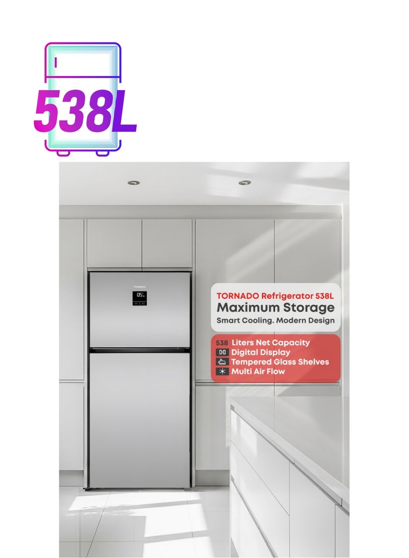 TORNADO Double Door Refrigerator , 538 Liters Net Capacity 18.98 cubic feet Top Mount Inverter ,Silver ,Digital Display Multi Air Flow Tempered Glass shelves RF-TCN538PT0GINS - Image 1