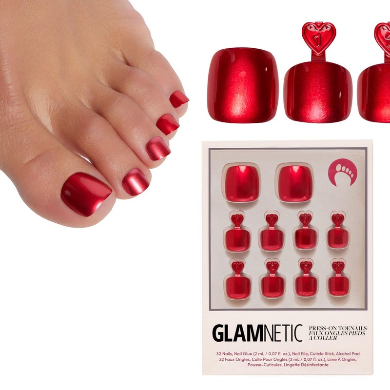 Glamnetic Press On Toenails  Cherry Glaze  Bright Red Fake Toe Nails with a Glazed Finish  16 Sizes  32 Toe Nail Kit with Glue