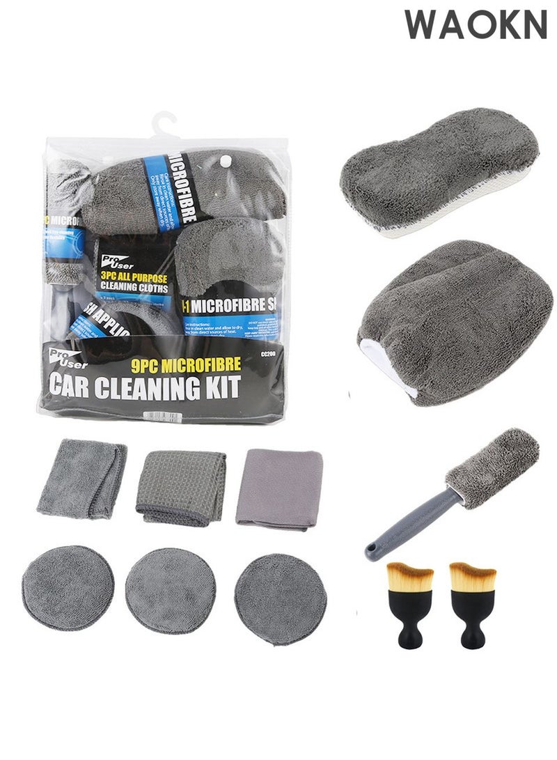 WAOKN 9 Pcs Car Care Car Cleaning Kit with Soft Microfiber Cloth Towels,Wash Mitt Sponge, Automotive Detail Brushes Car Detailing Kit | Auto Cleaning Supplies | Car Wash Kit | Car Wash Set | Car Wash Supplies | Car Interior Cleaning kit | Car Cleaning Sets | Car Cleaning Tools - Image 1
