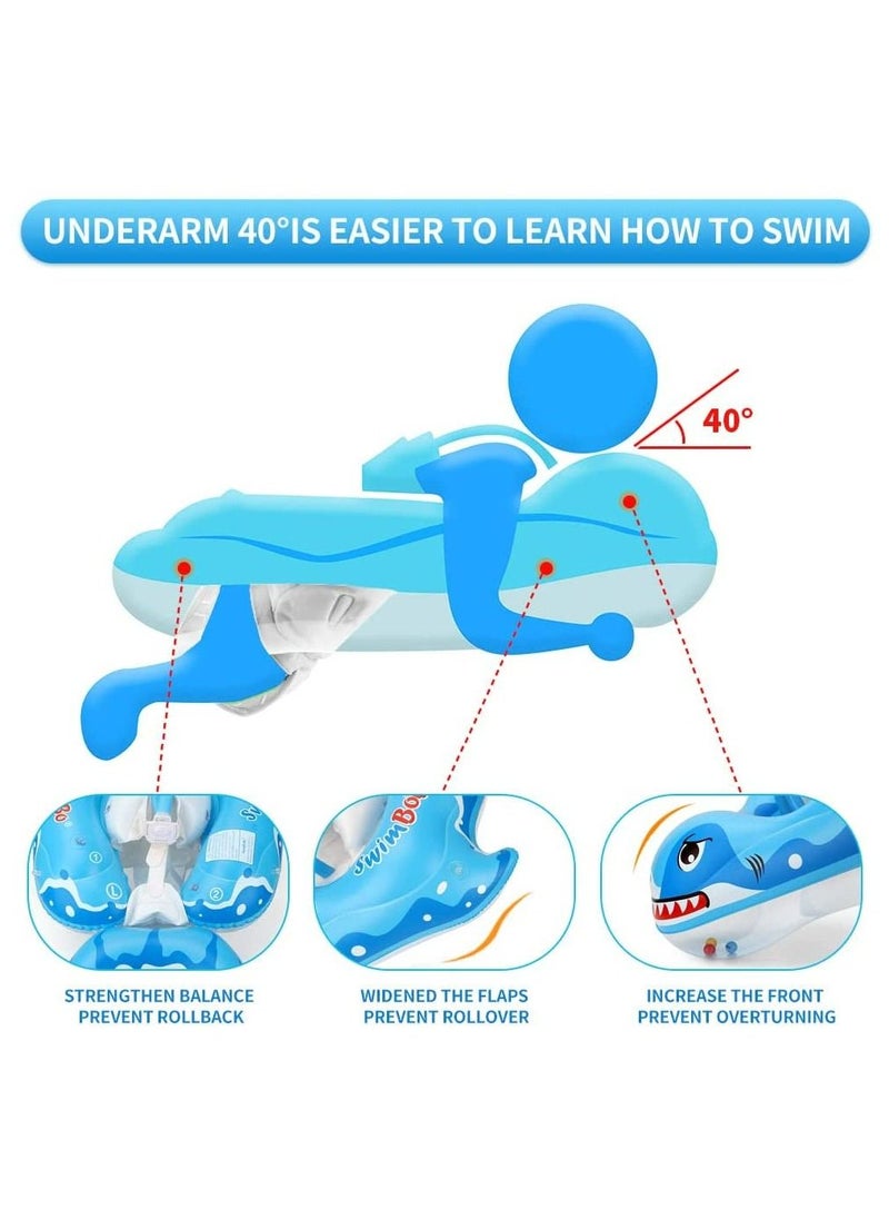LIMOS - Inflatable Baby Swimming Pool Float Ring with Sun Protection Canopy and Safety Tail (L Shark Blue) - Image 1