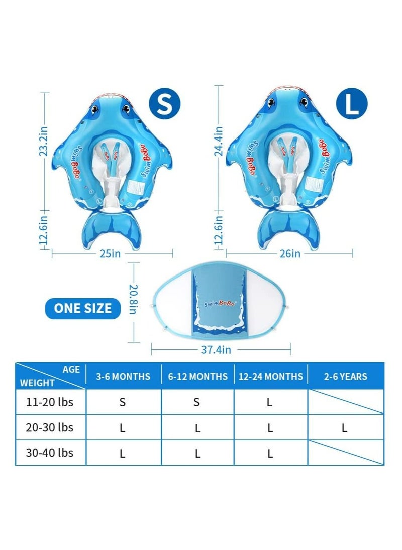LIMOS - Inflatable Baby Swimming Pool Float Ring with Sun Protection Canopy and Safety Tail (L Shark Blue) - Image 1