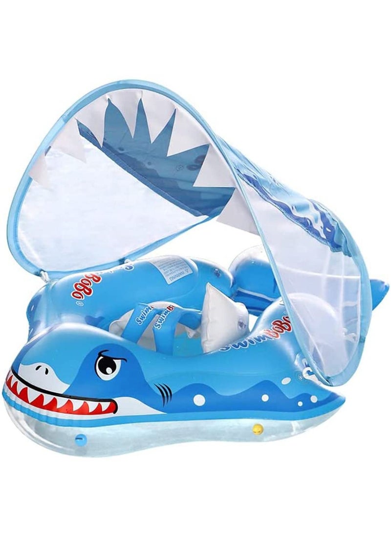 LIMOS - Inflatable Baby Swimming Pool Float Ring with Sun Protection Canopy and Safety Tail (L Shark Blue) - Image 1