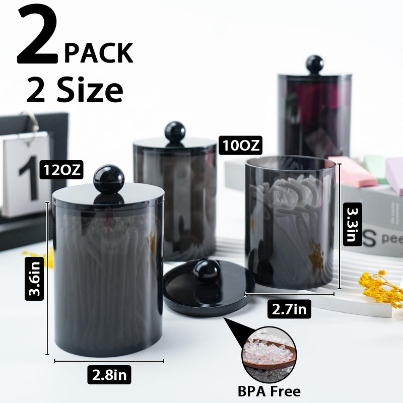 XIPENGKEJI 2 Pack Qtip Holder,Canister Apothecary Jar Set, Bathroom Jars with Lids Set for Cotton Swabs, Balls, Pads, Floss Picks,10oz-12oz Plastic Canisters Restroom Bedroom Vanity Organizer(Black) - Image 2