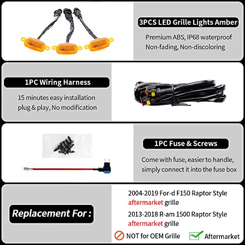 AUXLIGHT Car Accessories, 3PCS LED Grille Lights with Fuse & Wire, Compatible with 2004-2019 for-d F150 Raptor Style Aftermarket Grill, 2013-2018 R-am 1500 Raptor Style Aftermarket Grill (Amber) - Image 2