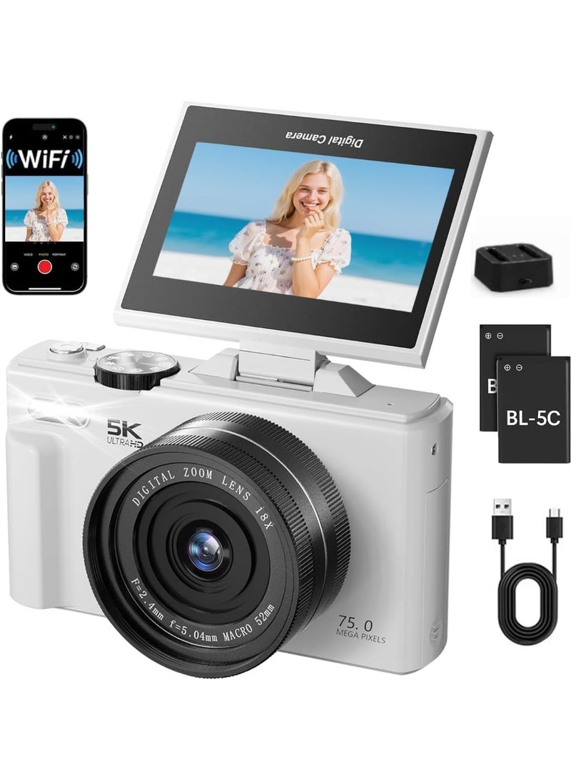 Lecran 5K Point and Shoot Digital Camera, 75MP Camera Digital for Photography, 2 Batteries, 18X Digital Camera with 3" 180° Flip Screen, Vlogging Camera for Beginner Gift, No TF Cards - Image 1