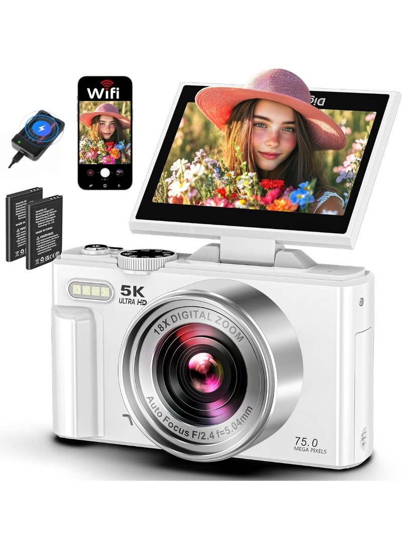 Lecran 5K Point and Shoot Digital Camera, 75MP Camera Digital for Photography, 2 Batteries, 18X Digital Camera with 3" 180° Flip Screen, Vlogging Camera for Beginner Gift, No TF Cards - Image 1