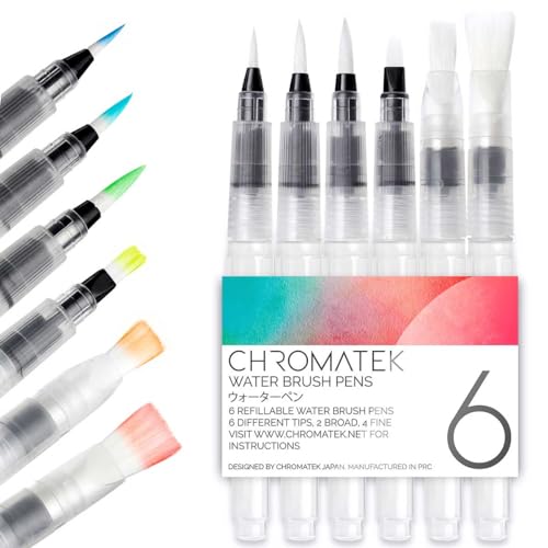 Chromatek AquaPens. Set of 6 Refillable Aqua Watercolor Brushes with Nylon Tips. Easy Water Brush Pens for Painting. Blending & Calligraphy. Includes Online Video Tutorials & Templates - Image 1