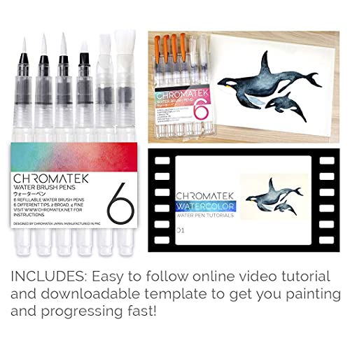 Chromatek AquaPens. Set of 6 Refillable Aqua Watercolor Brushes with Nylon Tips. Easy Water Brush Pens for Painting. Blending & Calligraphy. Includes Online Video Tutorials & Templates - Image 2
