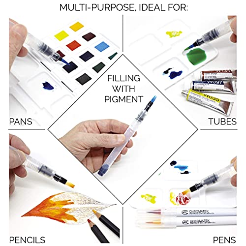 Chromatek AquaPens. Set of 6 Refillable Aqua Watercolor Brushes with Nylon Tips. Easy Water Brush Pens for Painting. Blending & Calligraphy. Includes Online Video Tutorials & Templates - Image 4