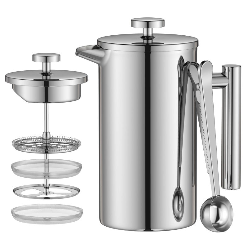 Enfmay Cafetire 8 Cups French Press Coffee Maker 1000ML 3 Level Filter DoubleWalled Insulated Stainless Steel French Press Caffettiere for Home and Office Extra 1Filter and 2in1 Clip Spoon