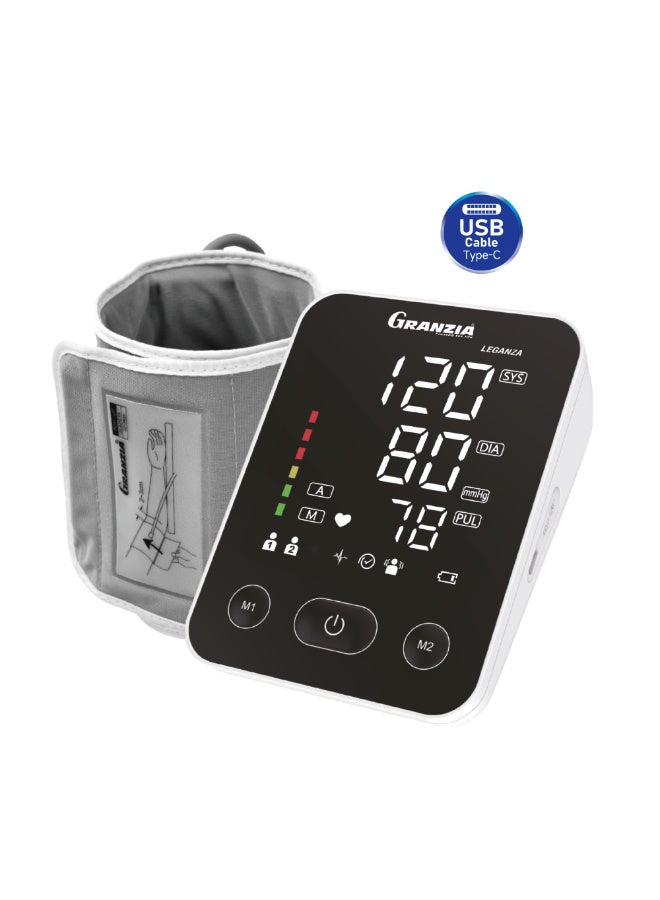 Granzia Leganza Blood Pressure Monitor – Upper Arm Cuff 22–42cm, Dual-User Memory (200 Readings), WHO Color Indicator, USB-C Rechargeable, BIHS Certified with 3-Year Warranty - Image 1
