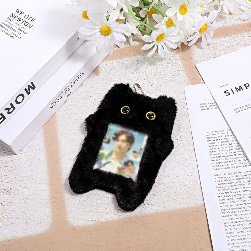 Tweruna Black Cartoon Plush Photocard Holder Keychain, Cute Cartoon Cat Photo Card Holder Keychain, Soft Plush Photo Card Holder for ID Card Cover Photo Protective Bag Pendant Decor - Image 5