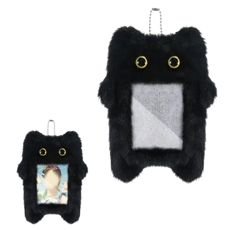Tweruna Black Cartoon Plush Photocard Holder Keychain, Cute Cartoon Cat Photo Card Holder Keychain, Soft Plush Photo Card Holder for ID Card Cover Photo Protective Bag Pendant Decor - Image 1