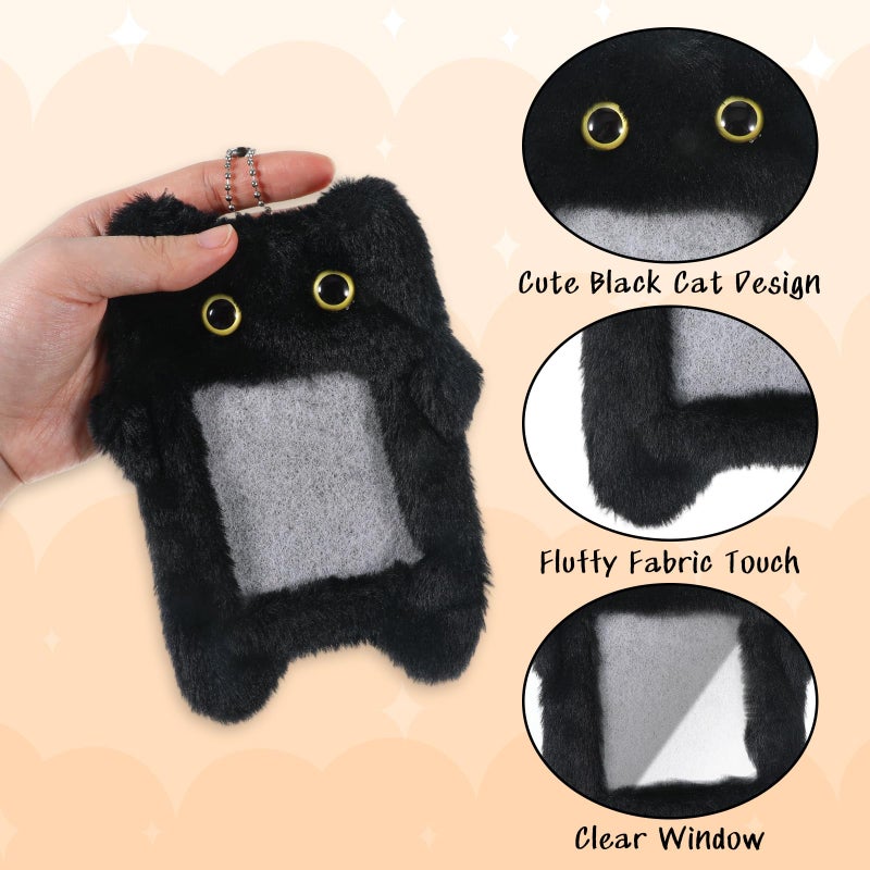 Tweruna Black Cartoon Plush Photocard Holder Keychain, Cute Cartoon Cat Photo Card Holder Keychain, Soft Plush Photo Card Holder for ID Card Cover Photo Protective Bag Pendant Decor - Image 3