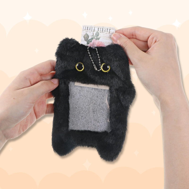 Tweruna Black Cartoon Plush Photocard Holder Keychain, Cute Cartoon Cat Photo Card Holder Keychain, Soft Plush Photo Card Holder for ID Card Cover Photo Protective Bag Pendant Decor - Image 4