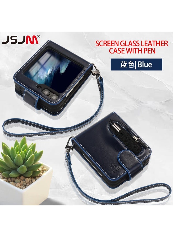 JSJM GALAXY FLIP 6 - JSJM BACK + BOOK WITH GLASS + ZIP COVER LEATHER FASHION CASE FOR SAMSUNG GALAXY FLIP 6 (DESIGN- 119) [ Blue Color ] - Image 1