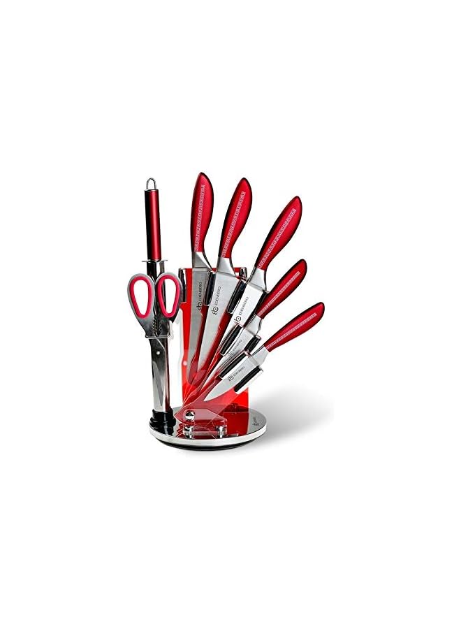 IAF Kitchen Knife Set | Professional Kitchen Knives, Shears & Rotary Stand | High Carbon Steel Blade Knife | Multipurpose Sharp Edge Cooking & Cutting Knives- 8 Pieces Set (Silver Red) - Image 1