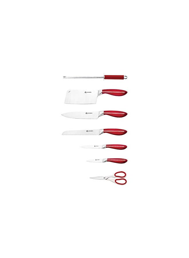 IAF Kitchen Knife Set | Professional Kitchen Knives, Shears & Rotary Stand | High Carbon Steel Blade Knife | Multipurpose Sharp Edge Cooking & Cutting Knives- 8 Pieces Set (Silver Red) - Image 2