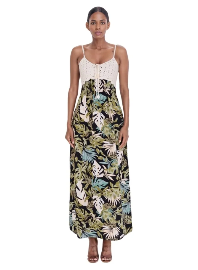 HaILYS Spaghetti Strap Crochet Bodice Maxi Dress - Tropical Print