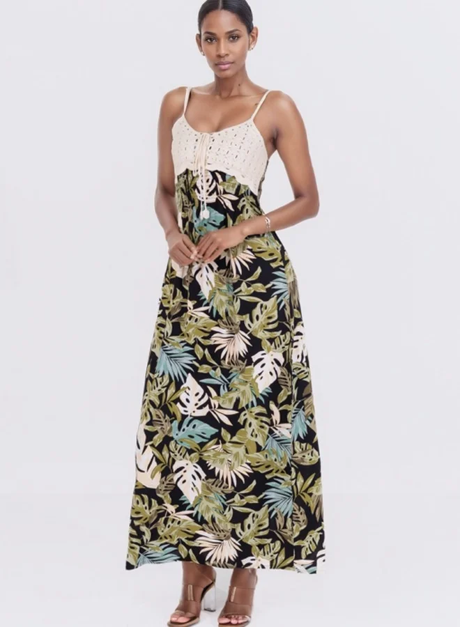 HaILYS Spaghetti Strap Crochet Bodice Maxi Dress - Tropical Print