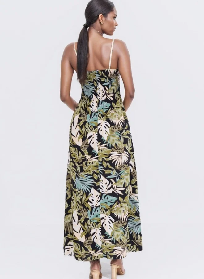 HaILYS Spaghetti Strap Crochet Bodice Maxi Dress - Tropical Print