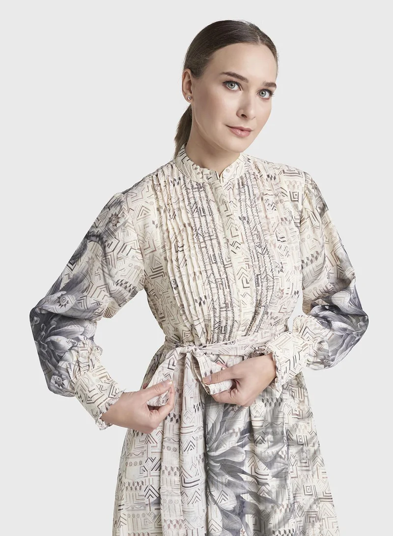 كشخة Cream Colour Hand Work Georgette Geometric Printed Dress (VW234)