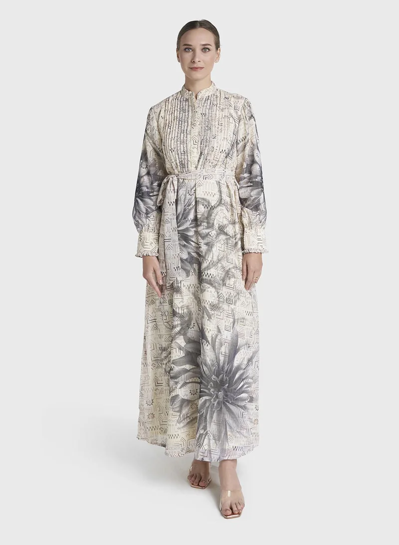 كشخة Cream Colour Hand Work Georgette Geometric Printed Dress (VW234)
