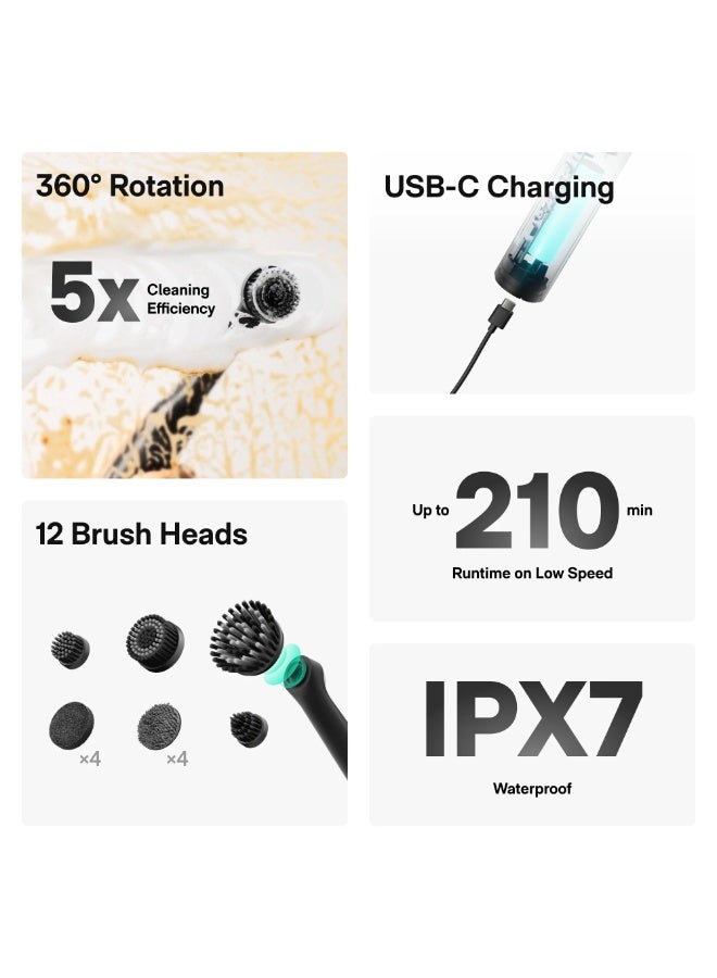 هوتو فرشاة كهربائية دوارة مقاومة للماء - منظف حمام قابل لإعادة الشحن مع 12 رأس فرشاة قابلة للتبديل للبلاط والجص والزوايا والشقوق - Image 3