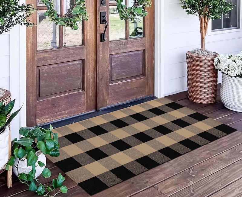 BUAGETUP Front Porch Rug 24''x51'' Black and Tan Checkered Outdoor Rug Cotton Washable Front Door Mat Outdoor for Layered Doormat,Bedroom,Farmhouse,Entryway,Patio - Image 5