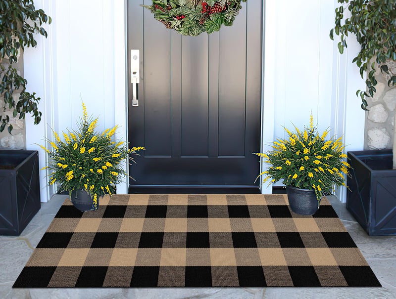 BUAGETUP Front Porch Rug 24''x51'' Black and Tan Checkered Outdoor Rug Cotton Washable Front Door Mat Outdoor for Layered Doormat,Bedroom,Farmhouse,Entryway,Patio - Image 1