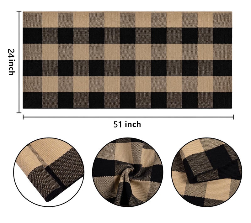 BUAGETUP Front Porch Rug 24''x51'' Black and Tan Checkered Outdoor Rug Cotton Washable Front Door Mat Outdoor for Layered Doormat,Bedroom,Farmhouse,Entryway,Patio - Image 2