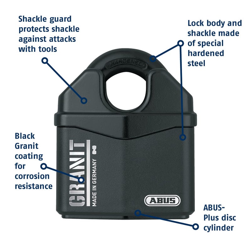 أباس قفل فولاذي مقوى عالي التحمل 37/80 من Abus Granit - قفل تكبل مغلق مع تكبل 1/2 بوصة - قفل خارجي مقاوم للتآكل - صنع في ألمانيا - بمفتاح مختلف - Image 2