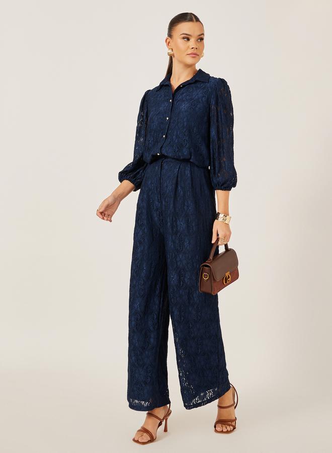 Styli Navy Blue Lace Spread Collar Blouse  - Image 3