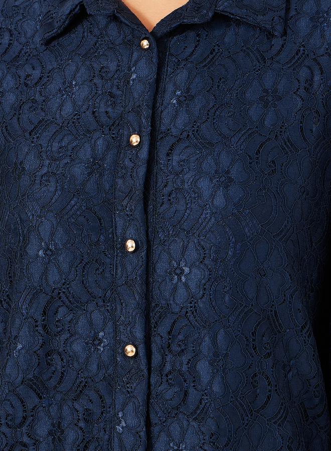 Styli Navy Blue Lace Spread Collar Blouse  - Image 4