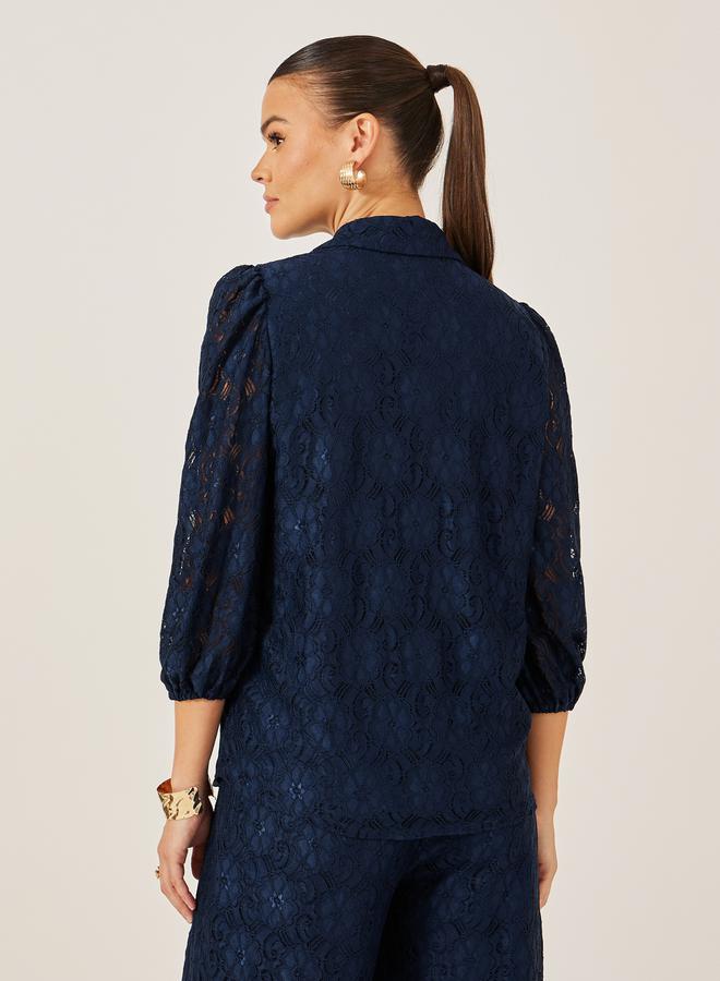 Styli Navy Blue Lace Spread Collar Blouse  - Image 5