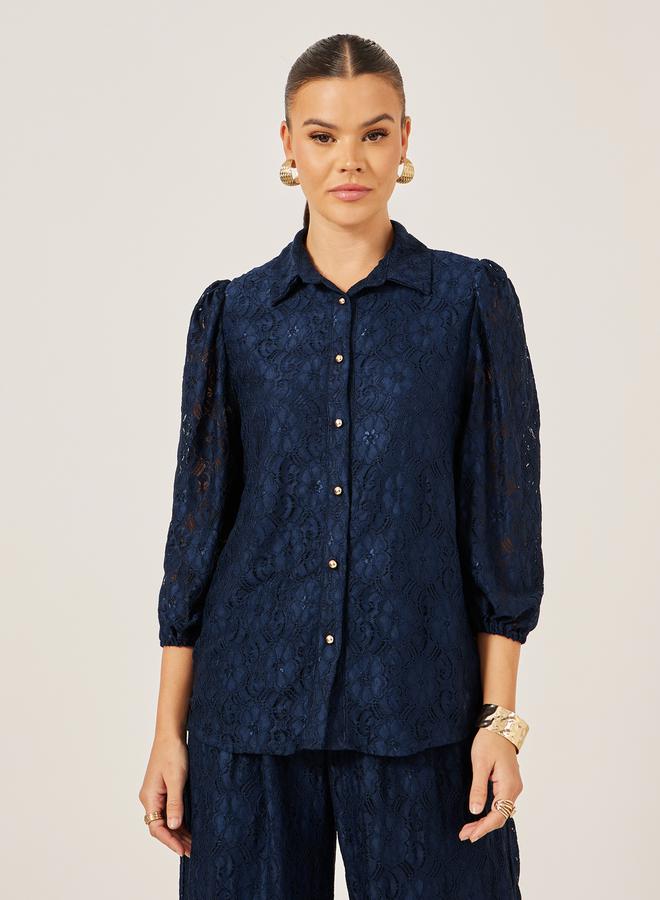 Styli Navy Blue Lace Spread Collar Blouse  - Image 2
