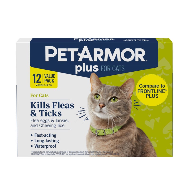 PetArmor Plus Flea and Tick Prevention for Cats, Cat Flea and Tick Treatment, 12 Doses, Waterproof Topical, Fast Acting, Cats Over 1.5 lbs - Image 1