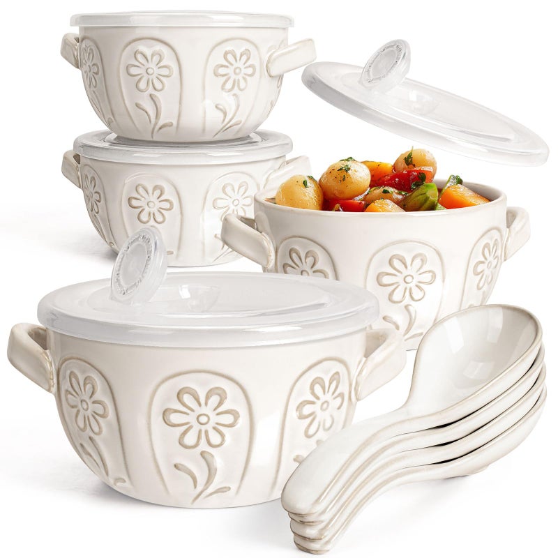 Artena French Onion Soup Bowls with Handles and lids & Spoons, 20 Oz Ceramic Soup Crocks Oven Safe Serving Bowls for Chili, Beef Stew, Cereal, Pot Pies, Embossment, Set of 4, White (Pinwheel Flower) - Image 1
