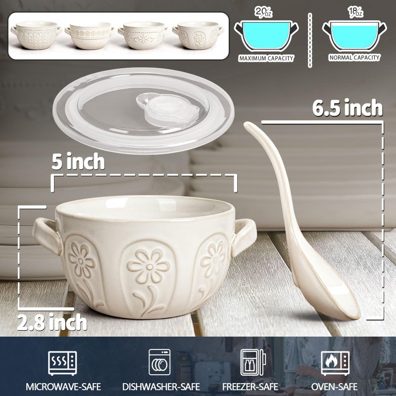 Artena French Onion Soup Bowls with Handles and lids & Spoons, 20 Oz Ceramic Soup Crocks Oven Safe Serving Bowls for Chili, Beef Stew, Cereal, Pot Pies, Embossment, Set of 4, White (Pinwheel Flower) - Image 5