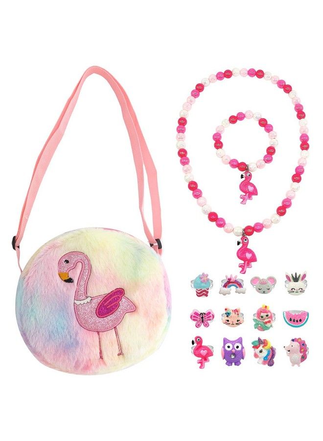 Elesa Miracle Little Girl Plush Purse Handbag Kids Necklace Pretend Play Toy Playset Jewelry Crossbody Purse For Children Toddler Baby Girls Flamingo  - Image 1